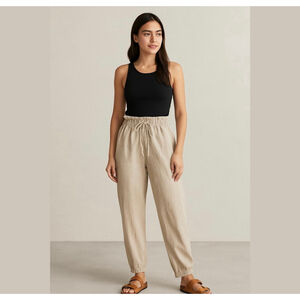 Zara linen blend drawstring joggers pants beige Sz M